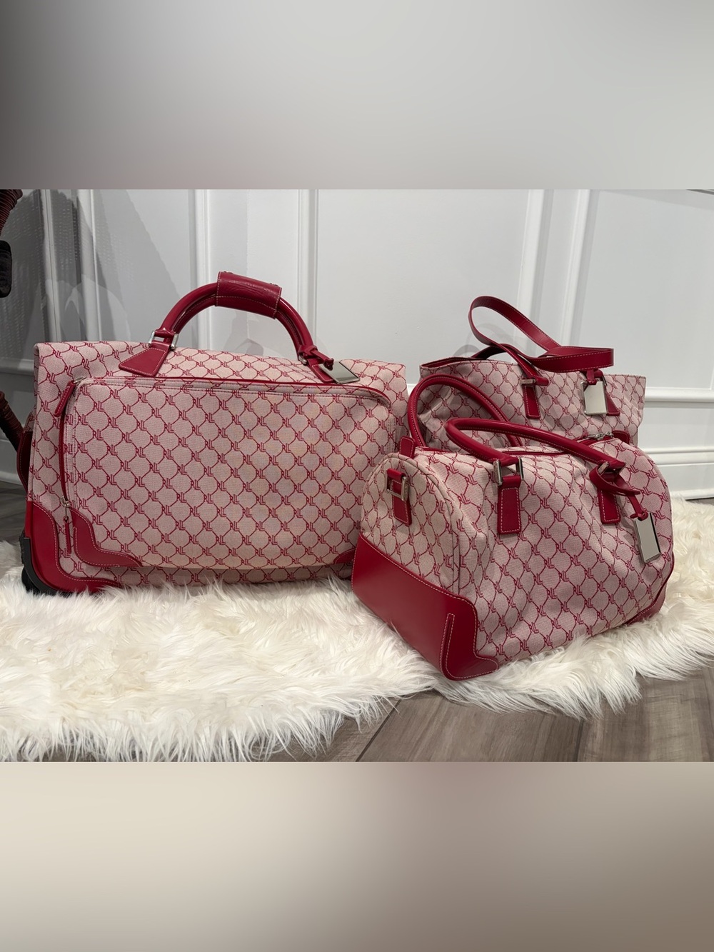 Lauren Ralph Lauren Pink and Red Monogram Travel Bag Set